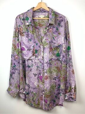 Pilcro Floral Blouse Anthropologie Flowers Sz XL Modal Oversized Purple Buttons